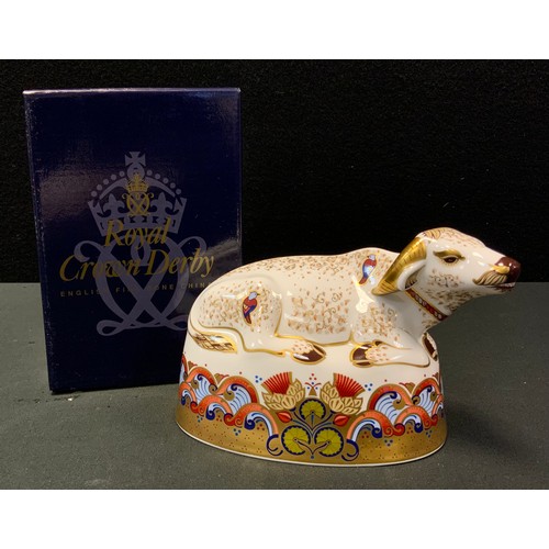 3 - A Royal Crown Derby paperweight, Water Buffalo, printed mark, gold stopper, boxed