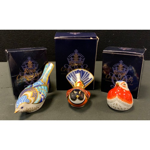 5 - A Royal Crown Derby Paperweight Mountain Bluebird; others Anniversary Robin;  Fantail, all gold stop... 
