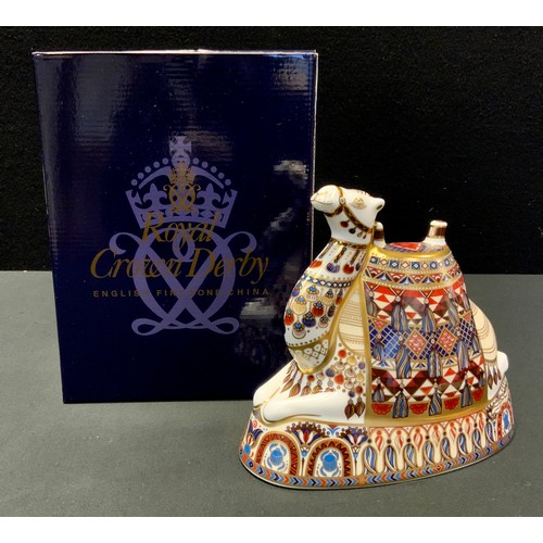 6 - A Royal Crown Derby paperweight, Camel, gold stopper, 17.5cm, printed mark in red, boxed
