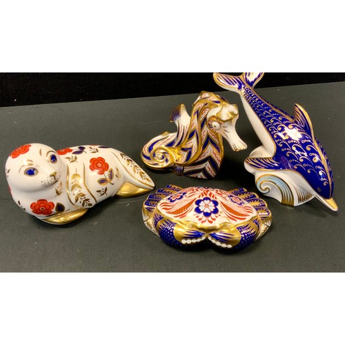 28 - Royal Crown Derby Paperweights - Seahorse, Dolphin, Crab, all gold stoppers;  Seal, silver stopper (... 