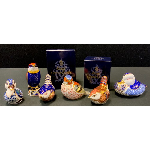 34 - A Royal Crown Derby Paperweight Duck, another Sitting Duckling, both boxed;  others Bee-Eater;  Derb... 