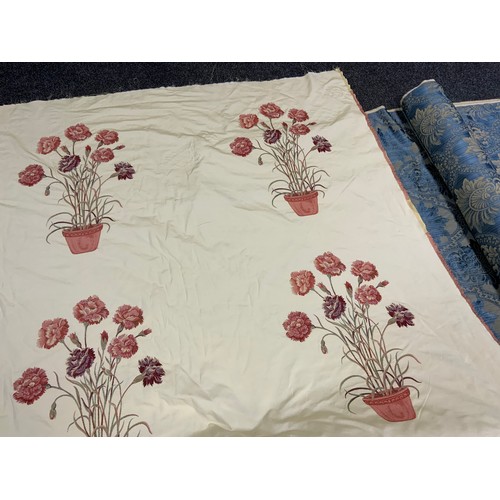 54 - Textiles - a large roll of floral embroidered fabric, cream ground, approx 21 meters long;  another ... 