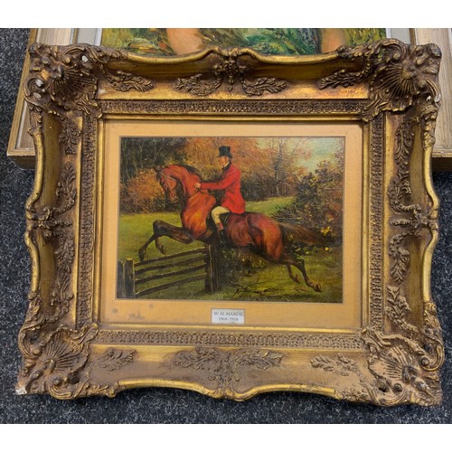 68 - W. H. Hardy, after, Horse and rider, print laid on panel, craquelure finish, 19th century style gilt... 