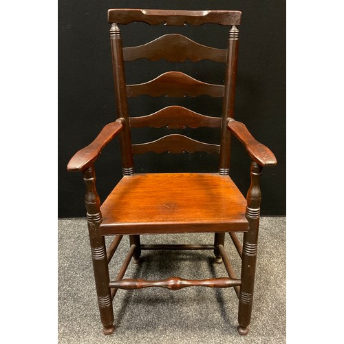 114 - An early 19th century elm and oak lath back arm chair, 103cm tall (43.5cm to seat) x 58cm wide.