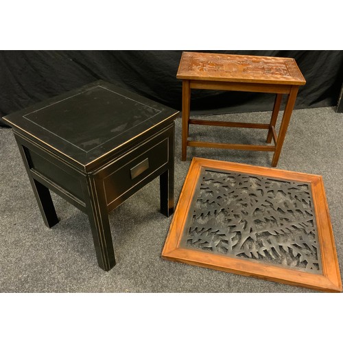 132 - A modern black lacquer side table, single drawer to frieze, 55cm tall x 45cm x 45cm;  a carved Afric... 