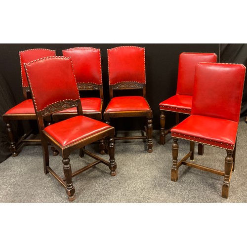 142 - A set of four early 20th century oak dining chairs, red leather backs and seats, turned legs;  and a... 