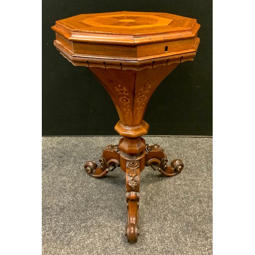 145 - A Victorian inlaid sewing table, octagonal top, fitted interior, carved tripod supports, 70cm high, ... 