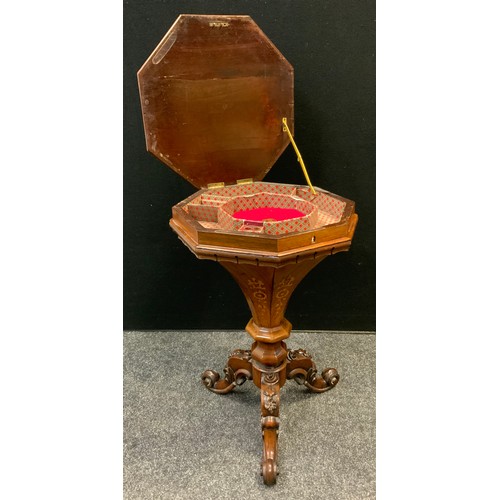 145 - A Victorian inlaid sewing table, octagonal top, fitted interior, carved tripod supports, 70cm high, ... 