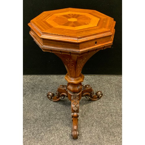 145 - A Victorian inlaid sewing table, octagonal top, fitted interior, carved tripod supports, 70cm high, ... 