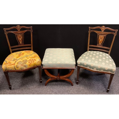 161 - A pair of Edwardian inlaid mahogany salon chairs;  a Victorian mahogany x-frame stool, c.1880, (3).