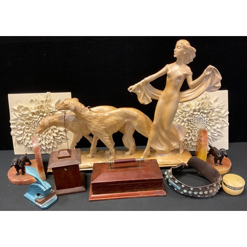 197 - Art deco style plaster figure group, lady with hounds; painted metal spaniel alabaster bookends; etc