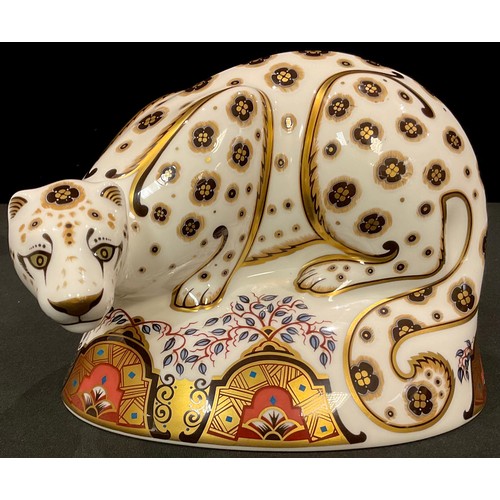 31 - A Royal Crown Derby paperweight, Snow Leopard, silver stopper, boxed