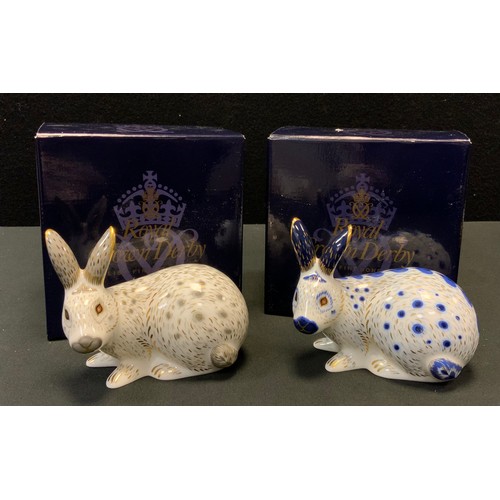 206 - A Royal Crown Derby Paperweight English Rabbit Grey;  another English Rabbit Blue, both gold stopper... 