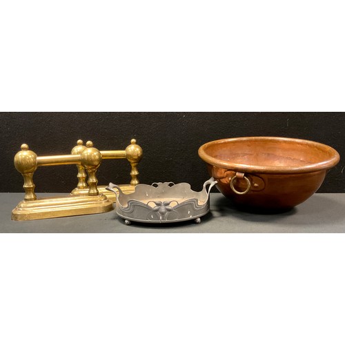 210 - Metal ware - Art nouveau pewter dish; 19th century copper bowl/mould; pair of brass door stops