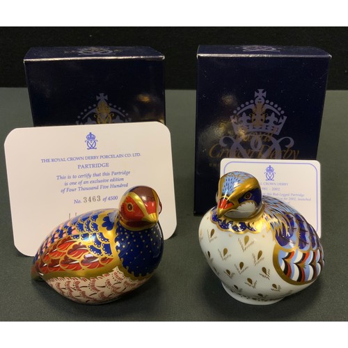 214 - A Royal Crown Derby Paperweight Partridge, limited edition, 3463/4500; another Red Legged Partridge,... 