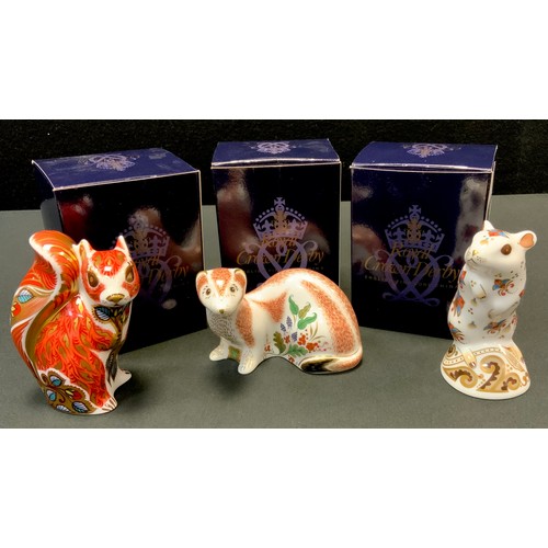 216 - A Royal Crown Derby Paperweight, Woodland Red Squirrel; others Stoat;  Gerbil ;  all gold stoppers, ... 