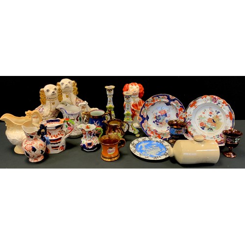 270 - Masons Ironstone, plates and jugs; Copper lustre; pair of faience candlesticks; etc