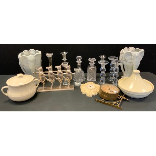 274 - Ceramics & Glass - a pair of Elephant triple head planter;  three glass decanters; candlesticks;  Le... 