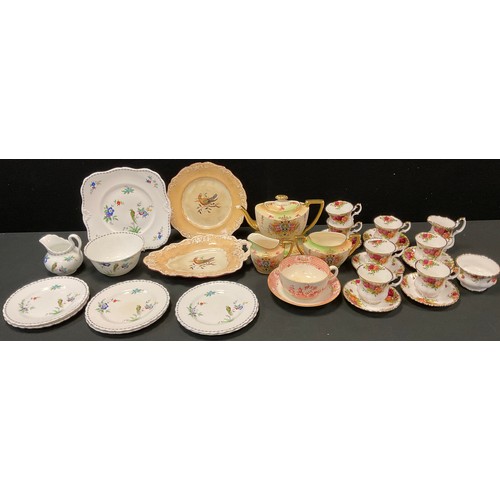 285 - A Royal Albert Old Country Rose pattern coffee set, for six;  Fielding's three piece tea set with st... 