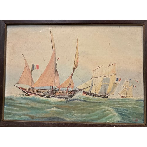 309 - French school, mid 20th century, ‘Three Ships’, signed C.D, oil on board, 45cm x 64cm;  F. G. Mina, ... 