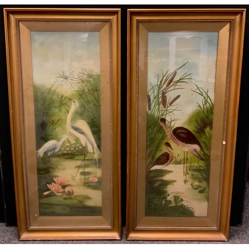 316 - Continental School - a pair, Egrets & Avocets, oils on canvas, each 92cm x 31cm (2)