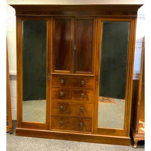 318 - An Edwardian inlaid mahogany five piece bedroom suite, wardrobe with central cupboard and four gradu... 