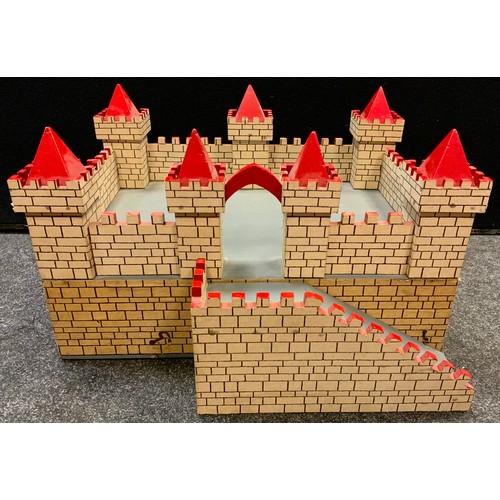 149 - A mid 20th century sectional wooden Castle/Fort, slot together walls and towers, sloped ramp, unmark... 