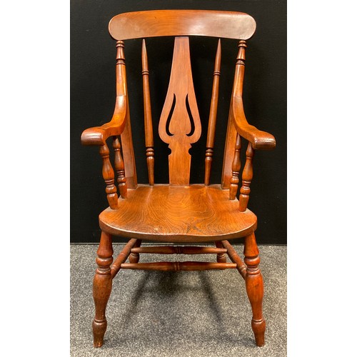 113 - A 19th century fiddle-back elm armchair, double H-stretcher, turned legs, 110cm tall (42cm to seat) ... 