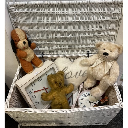 156 - Boxes & Objects - large white wicket basket;  clock, miniature folding metal cot, teddy bears, doll,... 