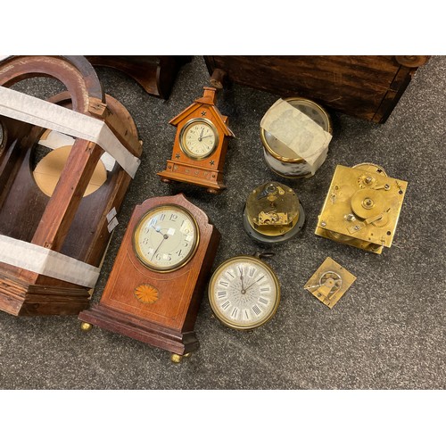 344 - Clocks, case, spares, inc fusee movement, Edwardian inlaid Lancet clock, mahogany domes case etc