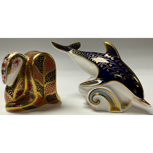 207 - A Royal Crown Derby paperweight, Imari Snake, gold stopper, boxed; another, Dolphin, gold stopper (2... 