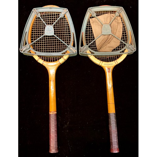 325 - A Slazengers Fred Perry wooden tennis racket, in metal press; another similar (2)