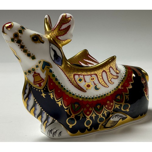 226 - A Royal Crown Derby paperweight, Reindeer, gold stopper, 15cm, printed marks, boxed