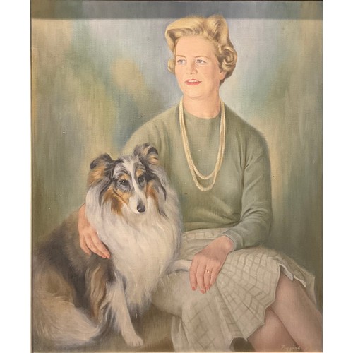 390 - John Redvers Piggins  
Society Portrait, Lady with Collie Dog   
signed, oil on canvas, 75cm x 62cm