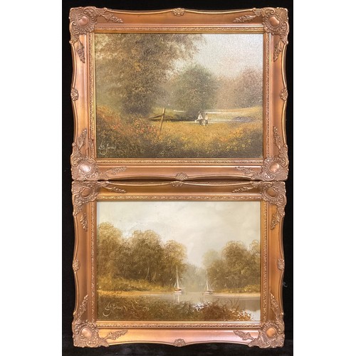 391 - Pictures and Prints - Les Parson, a pair, Riverside Tranquillity, signed, oil on canvas, 29cm x 39cm... 