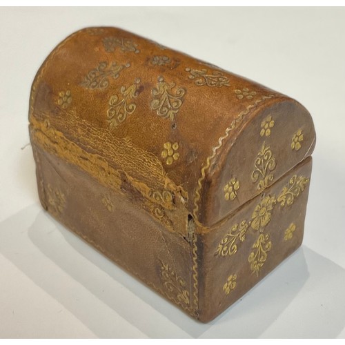 410 - A Victorian miniature tooled leather chest, domed hinged cover, 4.5cm wide