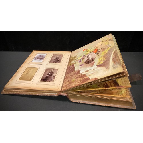 445 - Photography - a 19th century tooled leather musical carte de visite album, containing various single... 