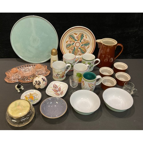 481 - A Denby circular serving platter; other mugs, jugs, ramekins, some hand painted; a crinoline lady po... 