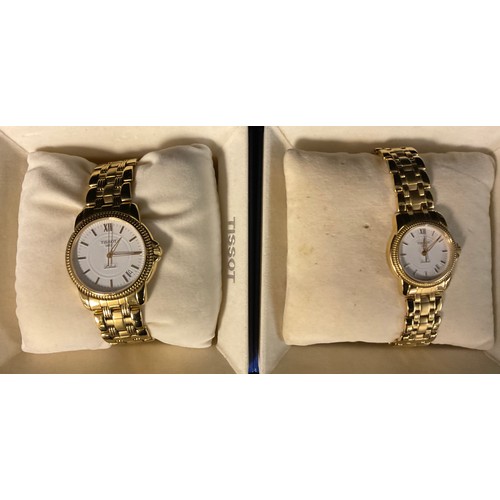 492 - A pair of Tissot gold plated stainless steel watches, a lady's and a gentleman's, analogue quartz, w... 