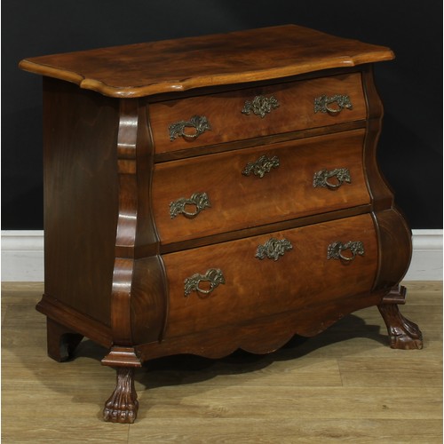 114 - An 18th century style Dutch inspired walnut veneer bombe chest, 63cm high, 80.5cm wide, 42cm deep