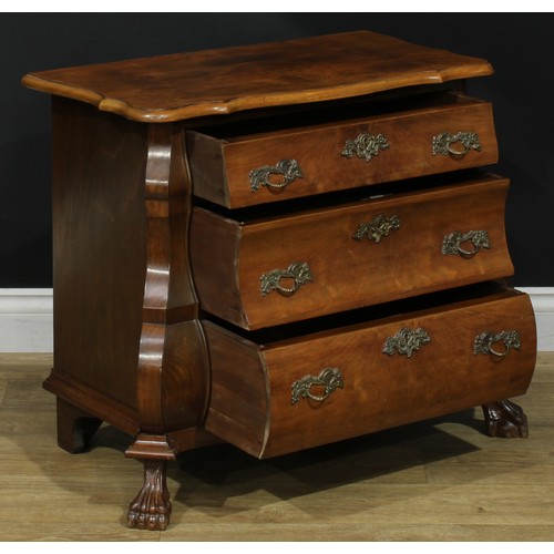 114 - An 18th century style Dutch inspired walnut veneer bombe chest, 63cm high, 80.5cm wide, 42cm deep