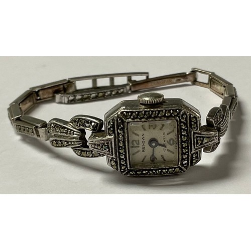 534 - An Art Deco silver marcasite cocktail watch, square dial with Arabic and baton indicators, integral ... 