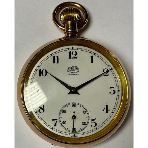 536 - A gold plated open face pocket watch, Enicar Ultasonic, white dial with Arabic numerals, subsidiary ... 