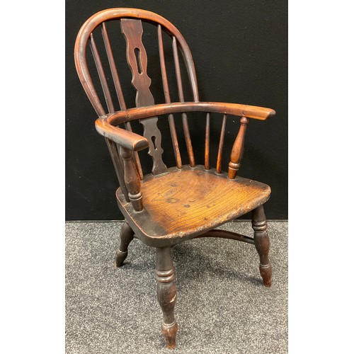 158 - A 19th century child's Windsor chair, pierced splat, crinoline stretcher, c.1860