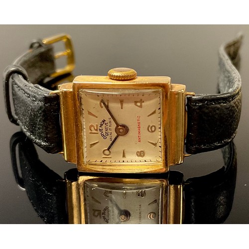 550 - A lady's 18ct gold wristwatch, Orvemon, Genève, marked 18k, 750, number 213, black leather strap