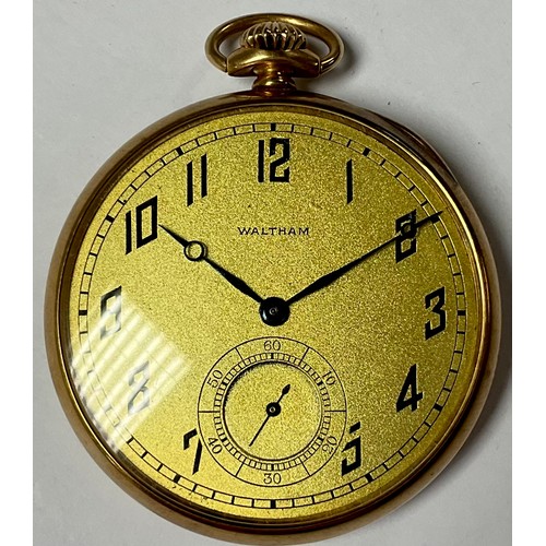 562 - A Waltham 14k gold open face pocket watch, Colonial Series, Waltham Watch Company, the interior case... 