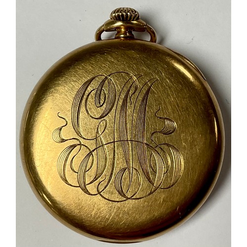 562 - A Waltham 14k gold open face pocket watch, Colonial Series, Waltham Watch Company, the interior case... 