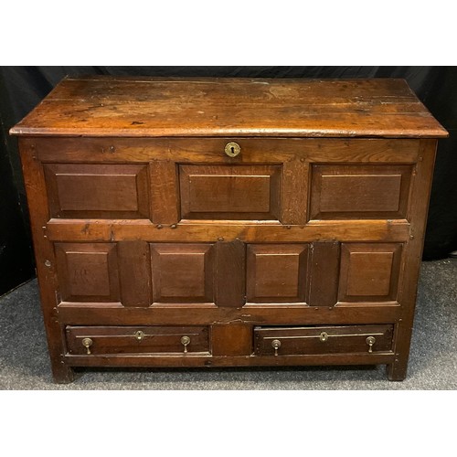 150 - A George III oak Lancashire mule chest, seven-panel front, above two drawers, 93cm high, 126.5cm wid... 