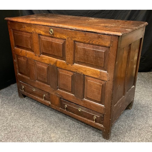 150 - A George III oak Lancashire mule chest, seven-panel front, above two drawers, 93cm high, 126.5cm wid... 