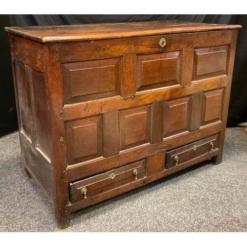 150 - A George III oak Lancashire mule chest, seven-panel front, above two drawers, 93cm high, 126.5cm wid... 